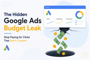 llustration of a Google Ads dashboard with money leaking into a hole, representing wasted advertising budget and poor campaign optimization that reduces conversions and ROI.