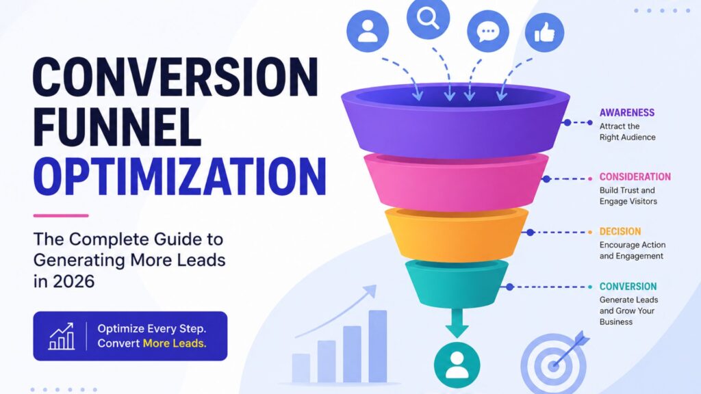Conversion Funnel Optimization infographic showing awareness, consideration, decision, and conversion stages used to generate more leads and improve business growth in 2026.