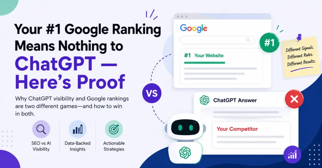 ChatGPT visibility comparison showing Google search rank versus AI answer citation rate