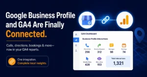 Google Business Profile and GA4 integration dashboard showing calls, directions, and bookings data