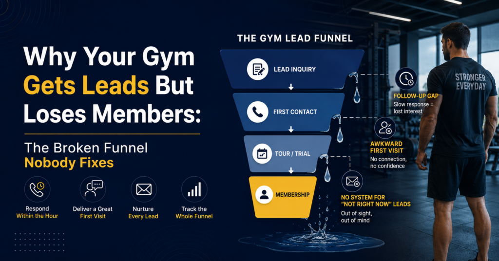 Marketing funnel illustration showing why gyms lose potential members despite generating leads, highlighting lead inquiry, follow-up, trial visits, and membership conversion with common conversion leaks.