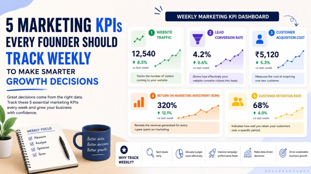 Marketing KPIs for Founders dashboard showing website traffic, conversion rate, CAC, ROMI, and lead quality