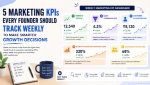 Marketing KPIs for Founders dashboard showing website traffic, conversion rate, CAC, ROMI, and lead quality