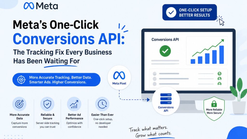 Meta's One-Click Conversions API banner explaining simplified server-side tracking, improved conversion attribution, better Meta Ads performance, and accurate business analytics.