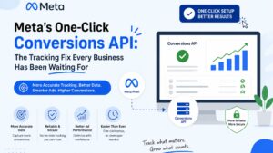 Meta's One-Click Conversions API banner explaining simplified server-side tracking, improved conversion attribution, better Meta Ads performance, and accurate business analytics.