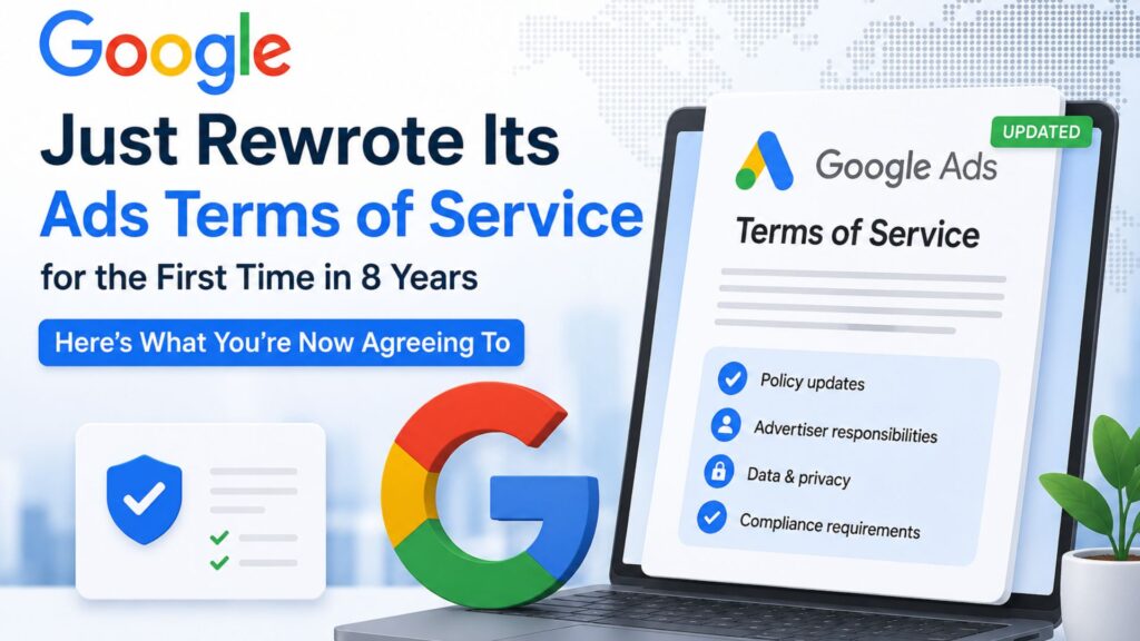 Google Ads Terms of Service Update 2026 highlighting key advertising policy changes, AI-powered ad management, compliance requirements, and advertiser responsibilities.