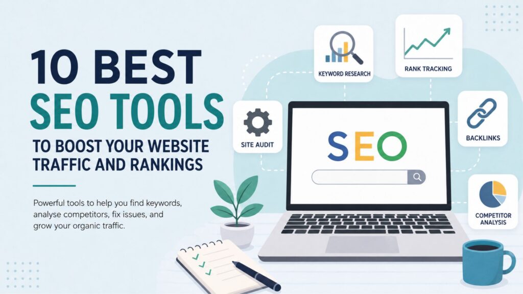 Best SEO tools illustration featuring keyword research, backlink analysis, site audits, and website ranking optimization.