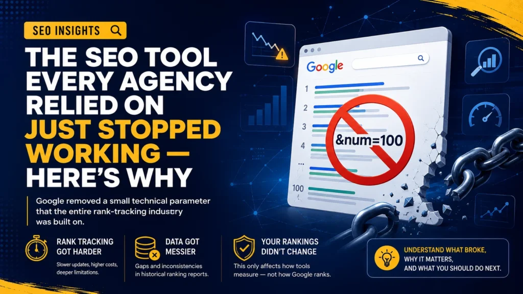 SEO tool dashboard showing broken rank tracking data after Google's parameter removal