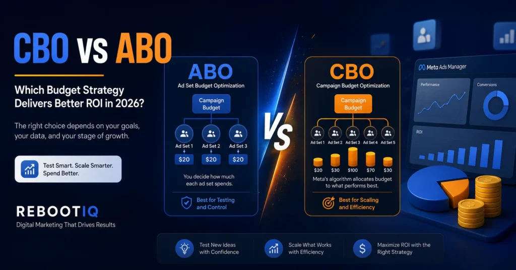 CBO vs ABO comparison chart showing Meta Ads budget allocation differences in 2026