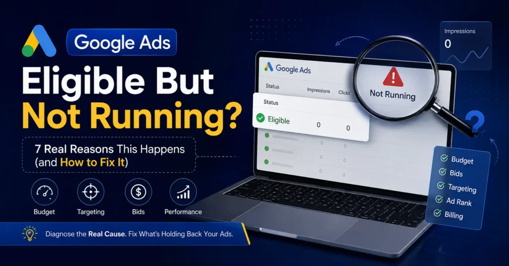Google Ads eligible but not running status shown in campaign dashboard with zero impressions