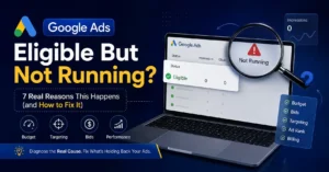 Google Ads eligible but not running status shown in campaign dashboard with zero impressions