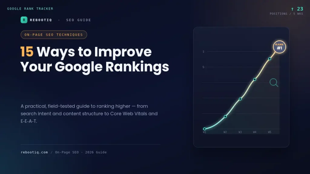 On-page SEO techniques infographic showing a Google ranking tracker climbing to position 1 — Rebootiq SEO guide